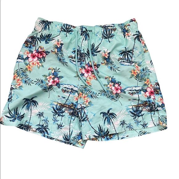 George Mens aqua Hawaiian floral swim trunks - Picture 1 of 7